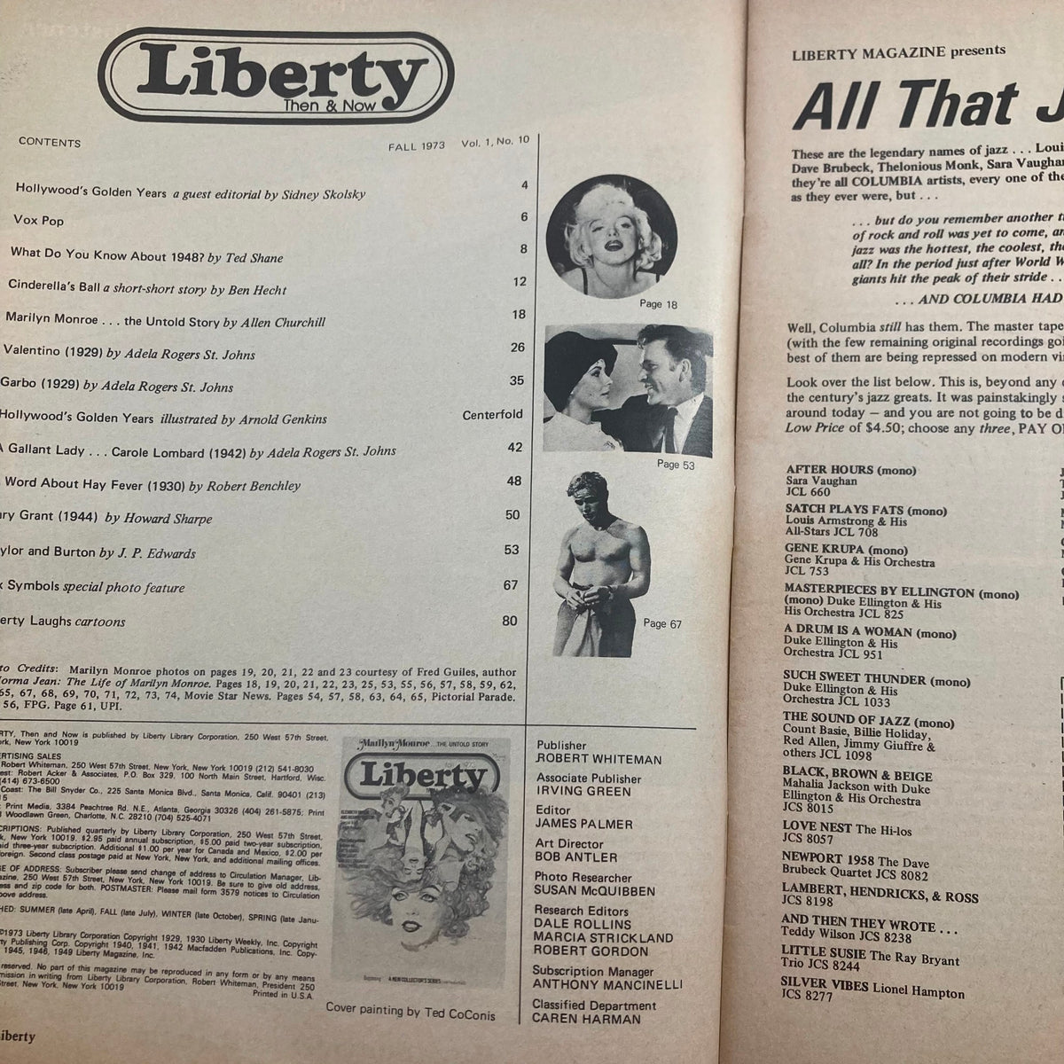 Inside page of the VTG Liberty Then & Now Magazine Fall 1973 Vol 1 No. 10 displaying the table of contents with articles and features, including a section on Marilyn Monroe.