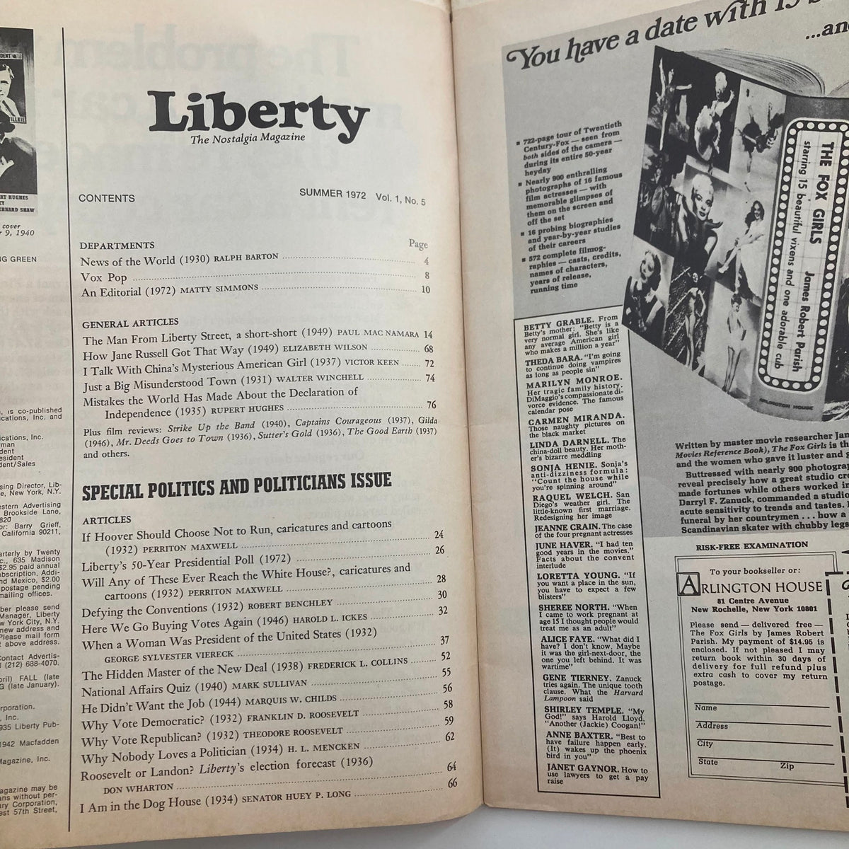 Vintage Liberty The Nostalgia Magazine Summer 1972 Politics & Politicians No Label