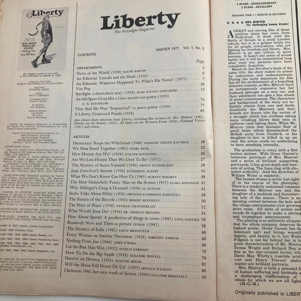 Contents page of VTG Liberty The Nostalgia Magazine Winter 1971, listing articles including Joan Crawford's Secrets and other cultural insights from the era.