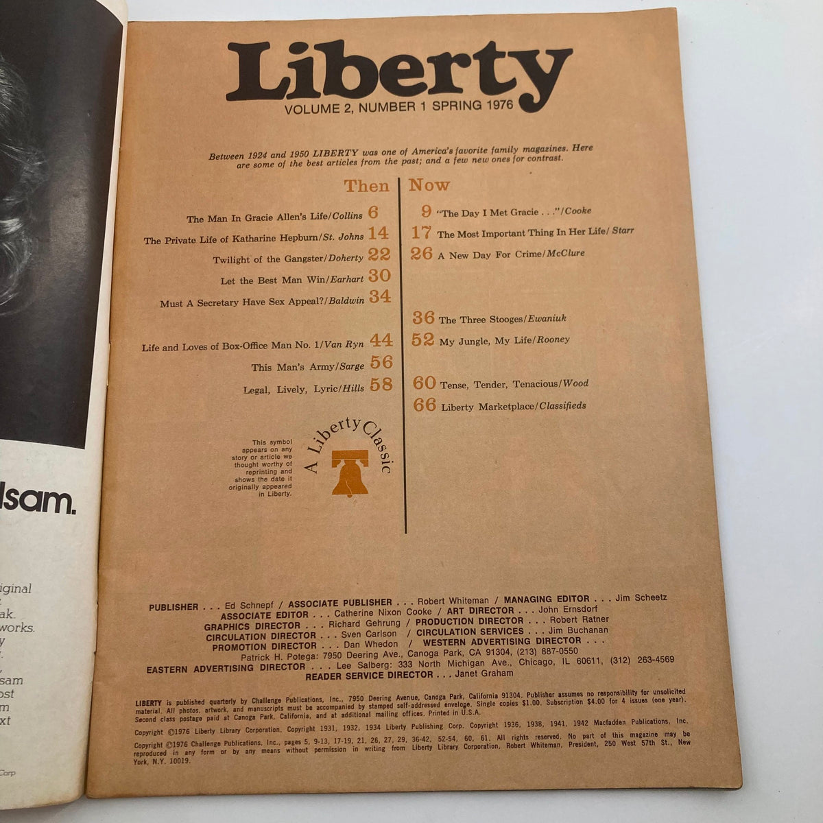 Interior page of VTG Liberty Then & Now Magazine Spring 1976 Volume 2 Number 1 detailing contents including articles from the past and present.