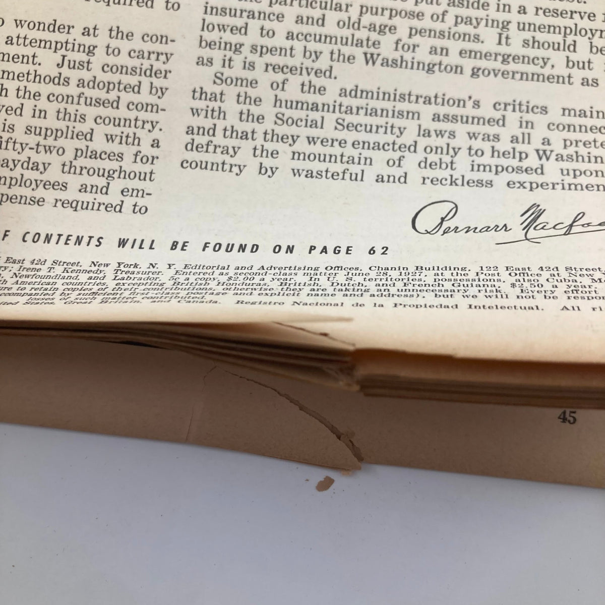 Back cover of Liberty Magazine December 10, 1938 showing text and a signature, highlighting the magazine's editorial and advertising offices.