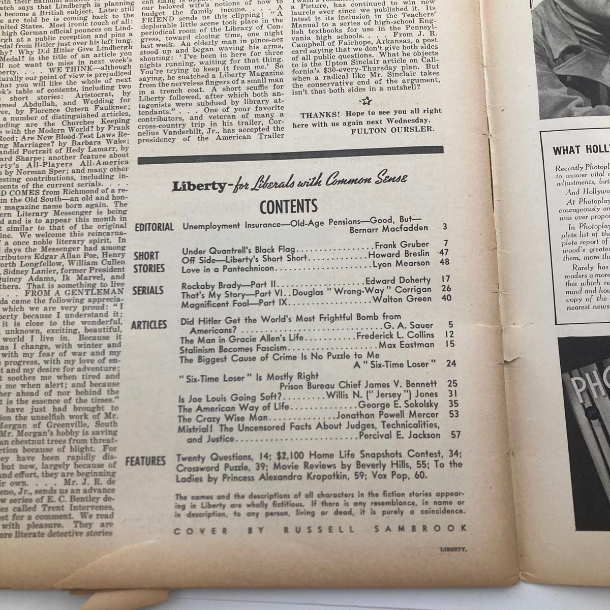 Contents page from Liberty Magazine December 10, 1938 showcasing the articles and features, including 'Is Joe Louis Going Soft?' and other editorial notes.