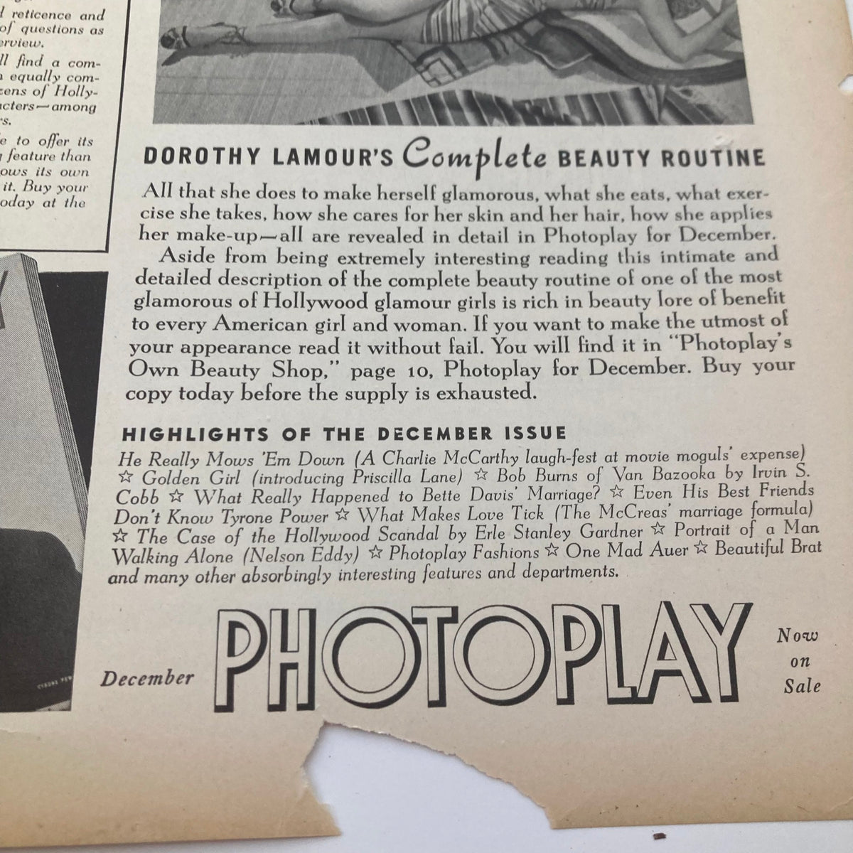 Vintage Liberty Magazine December 10, 1938 showcasing Dorothy Lamour's Complete Beauty Routine with highlights of the issue, emphasizing beauty tips and additional features from the magazine.