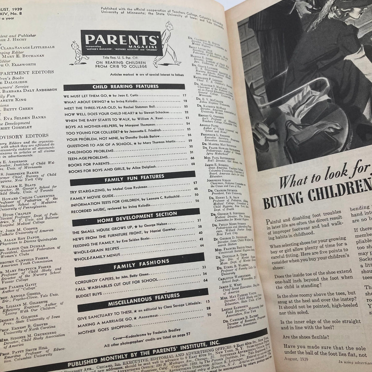 Inside pages of VTG Parents' Magazine August 1939 displaying the contents and various articles focused on child rearing, including sections on family fun and home development.