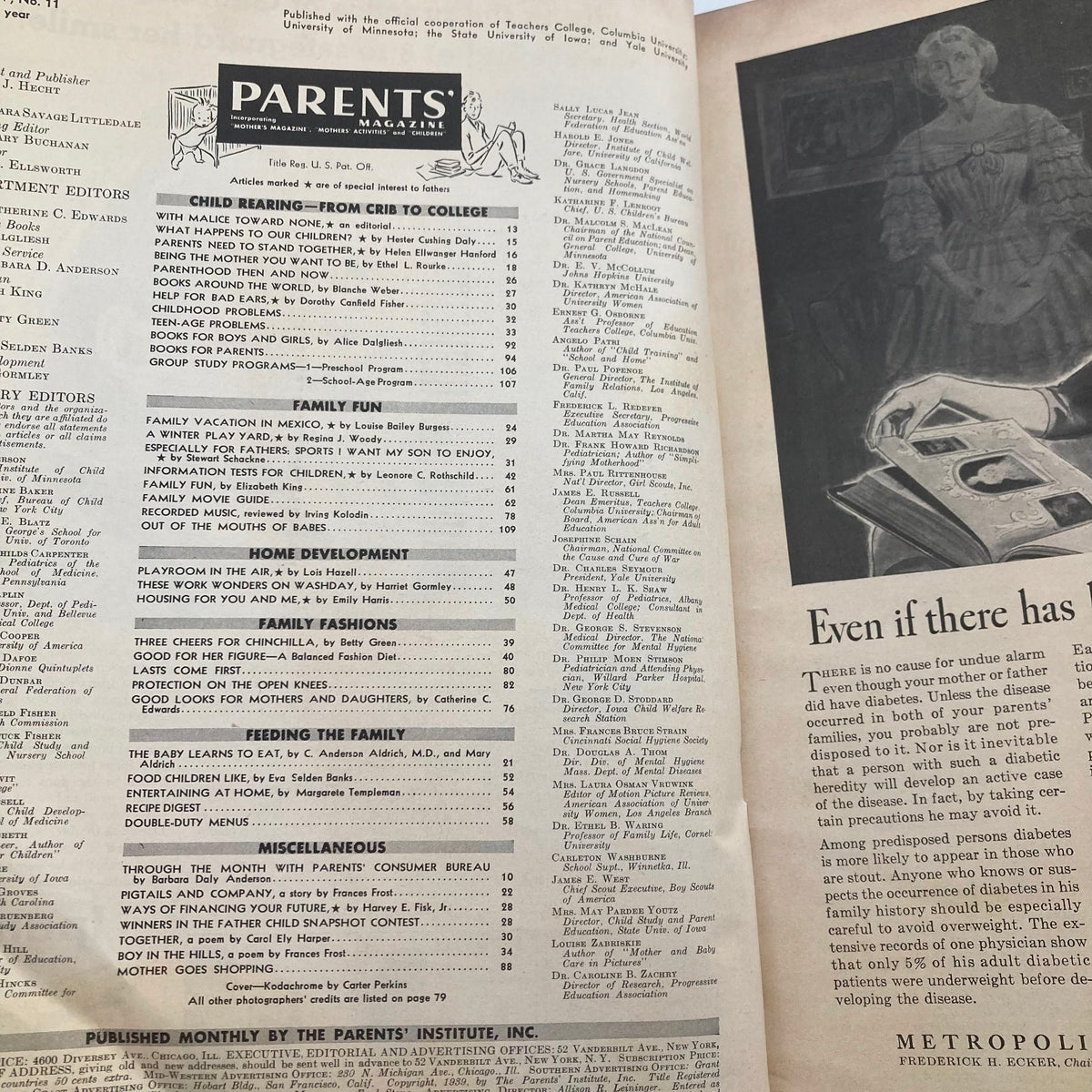 Interior page of VTG Parents' Magazine November 1939 displaying the table of contents, offering a glimpse into articles on child-rearing and family fun, reflecting the parenting practices of the 1930s.