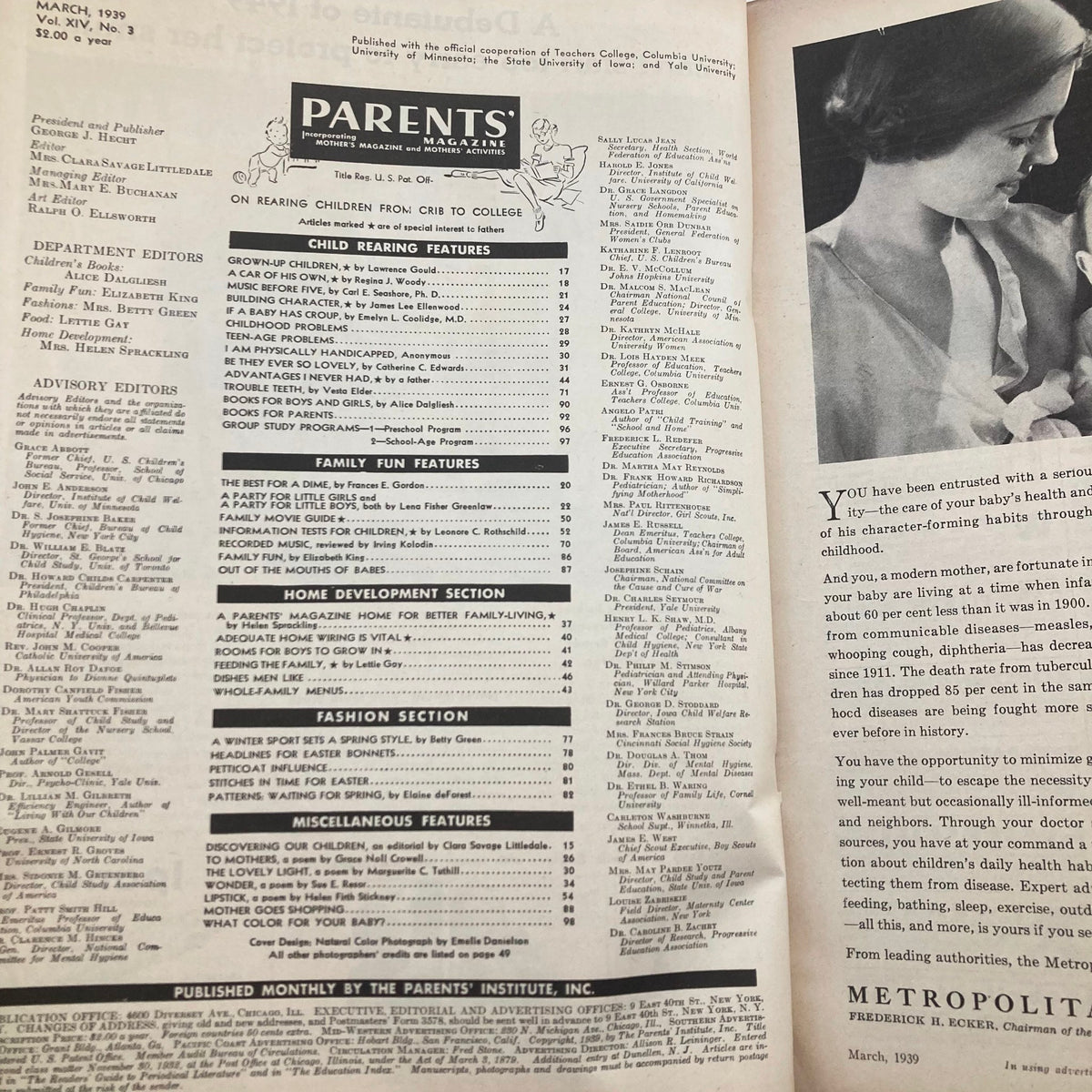Table of contents for VTG Parents' Magazine March 1939 Vol 14 No. 3 outlining various articles on child-rearing, family fun, and home development.
