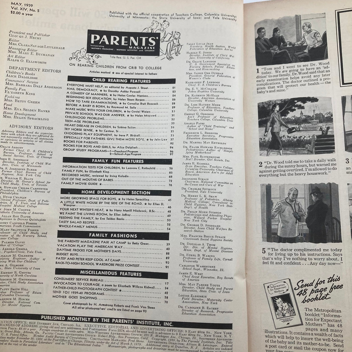 Inside pages of VTG Parents' Magazine May 1939, Volume 14, Number 5, showcasing contents related to child rearing, family fun, and home development.
