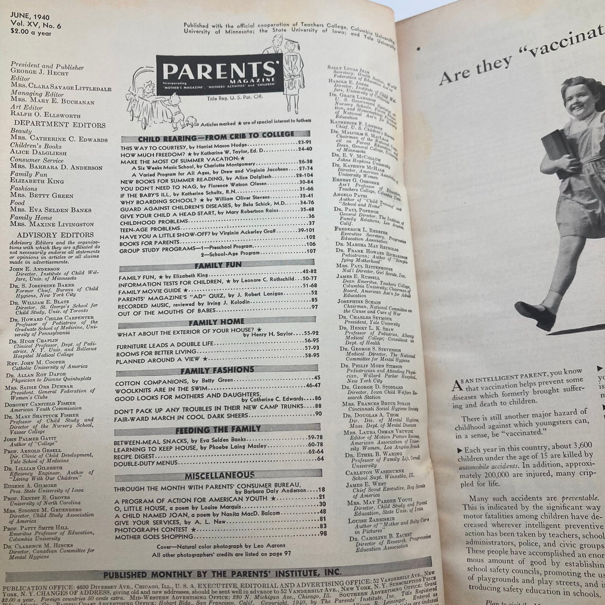 Inside page of VTG Parents' Magazine June 1940 Vol 15 No. 6 displaying the table of contents and various article titles related to family and parenting.