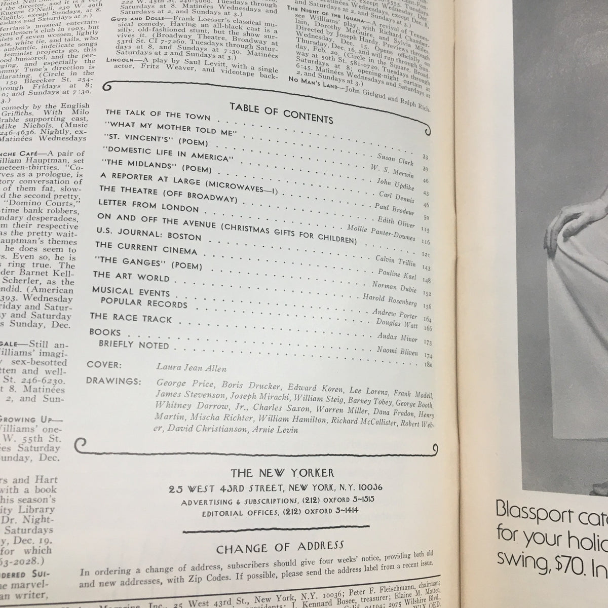 Inside page of The New Yorker Magazine December 13 1976, displaying the table of contents and details about articles, with cover art by Laura Jean Allen.