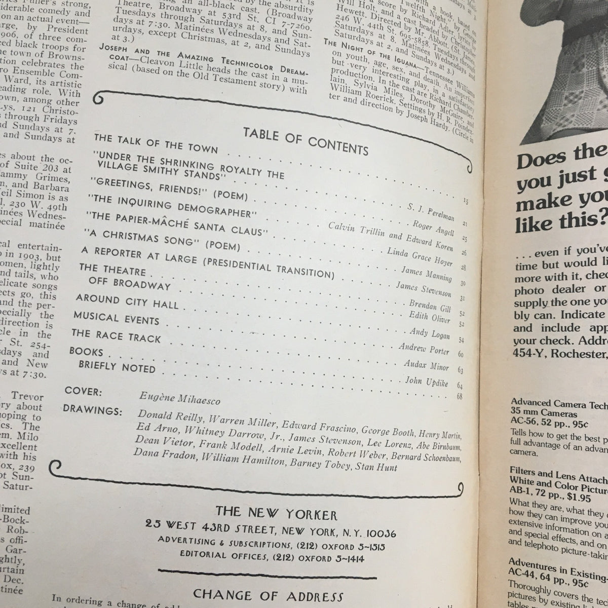 Table of contents from The New Yorker Magazine December 27 1976, showcasing the article titles and cover artist Eugene Mihaesco.
