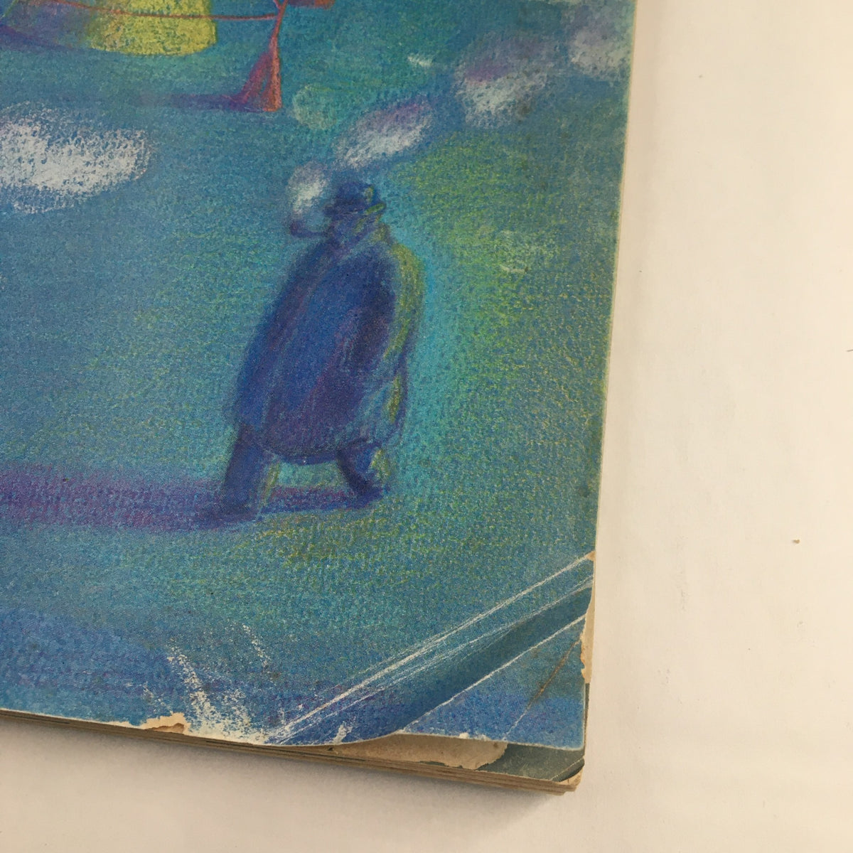 Close-up of the vibrant cover art titled 'Street Lights' by Eugene Mihaesco from The New Yorker Magazine January 26 1976, featuring a figure walking with a blurred, colorful background.