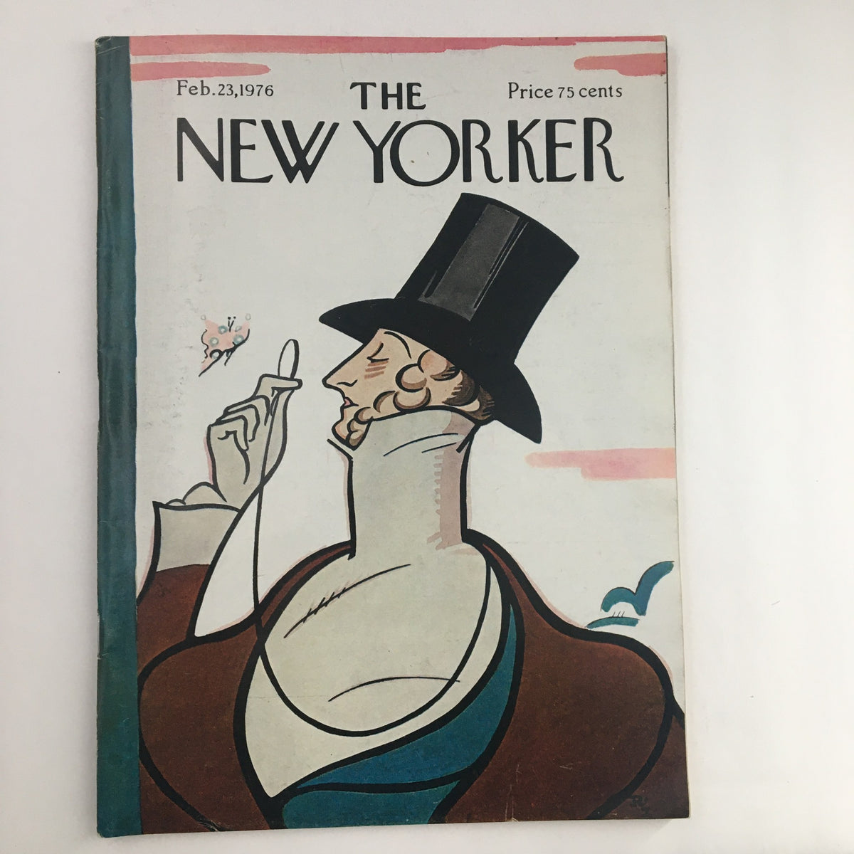 The New Yorker Magazine February 23 1976 full cover featuring artistic illustration by Rea Irvin, highlighting a man in a top hat against a minimalist backdrop.