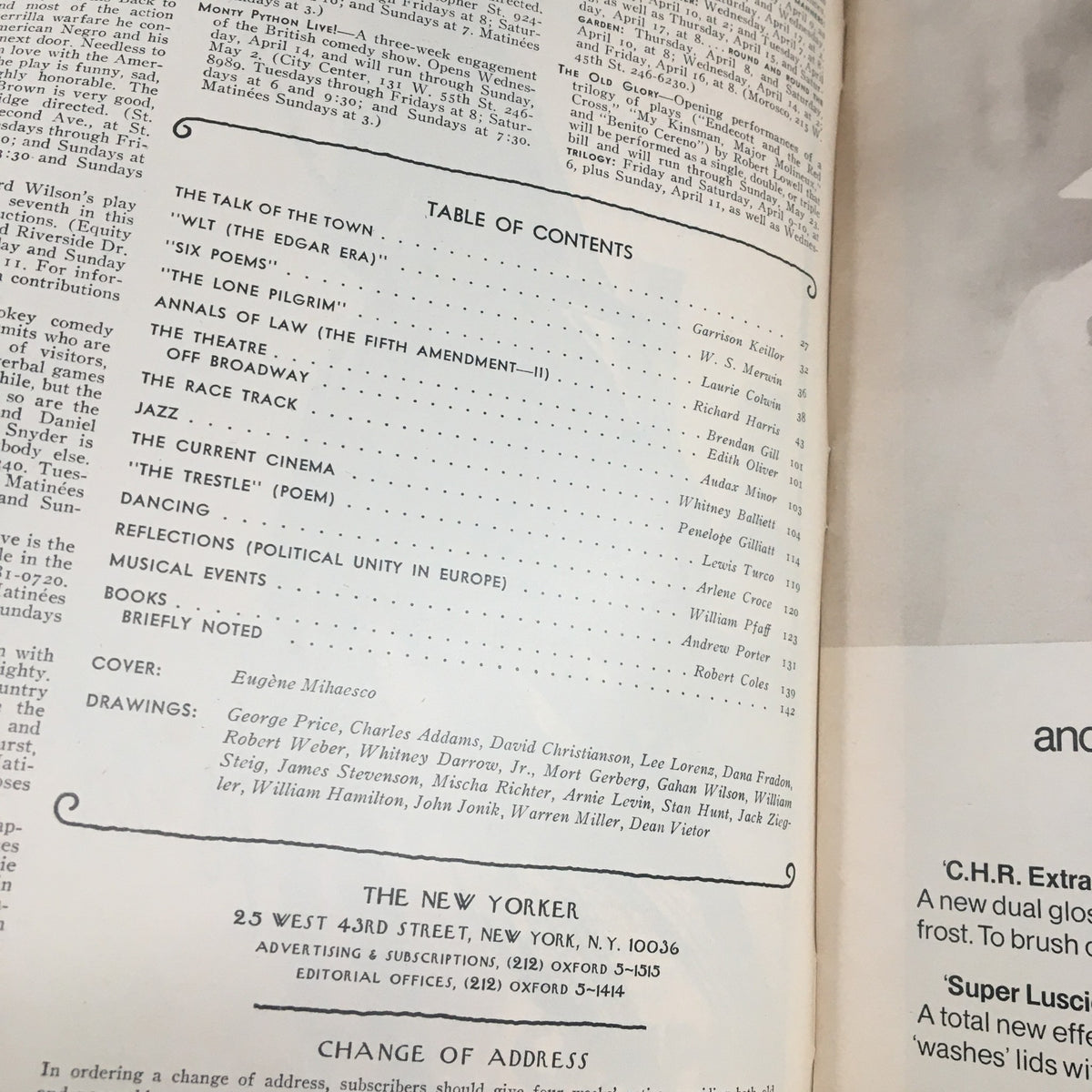 Table of contents from The New Yorker Magazine April 12, 1976, including coverage by Eugene Mihaesco and a variety of articles and stories reflective of the era.