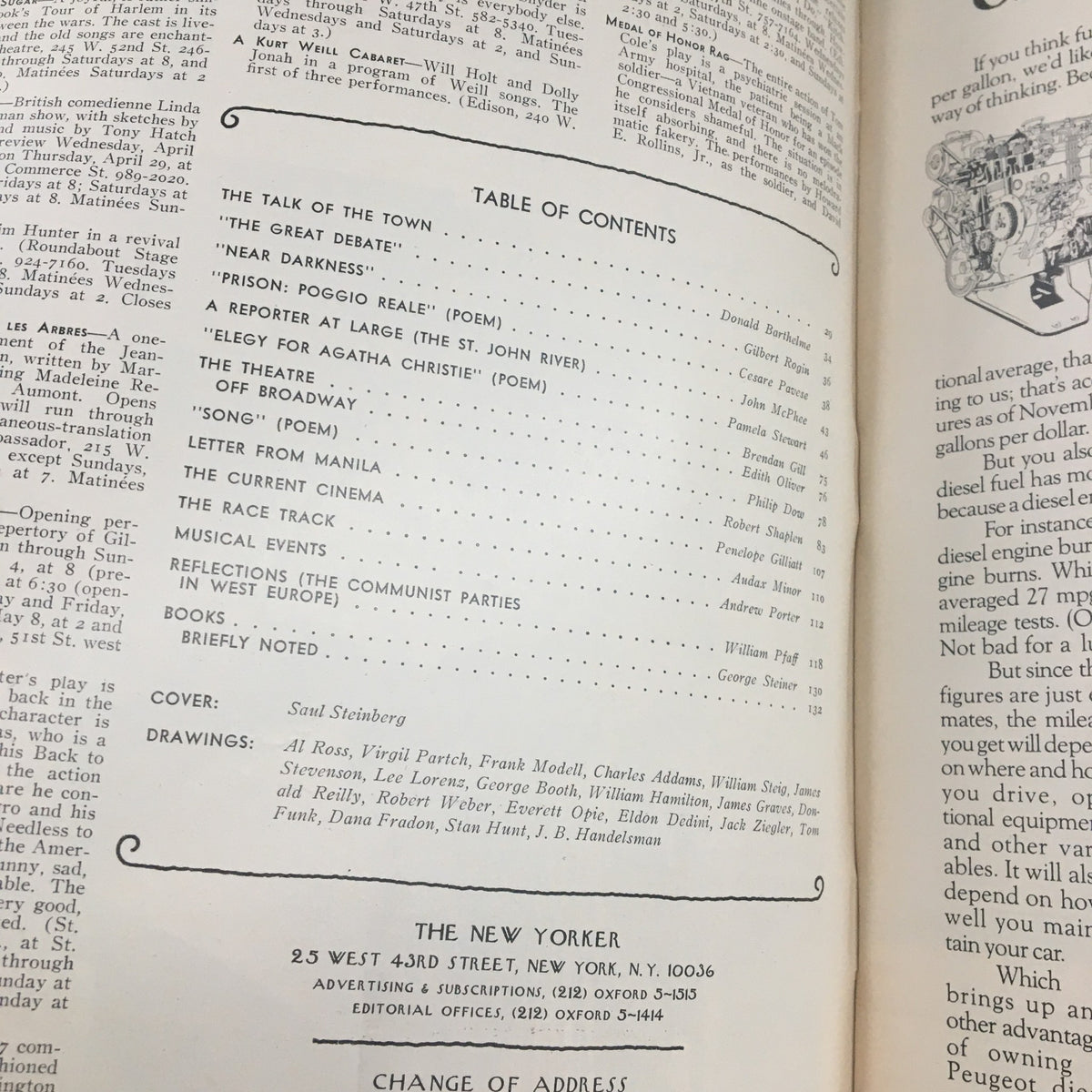 Inside page of The New Yorker Magazine May 3 1976 showcasing the table of contents, including a cover by Saul Steinberg and various articles featured in that issue.