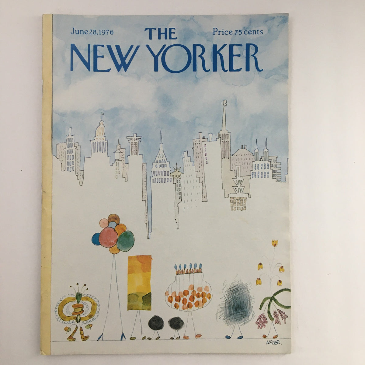 Cover of The New Yorker Magazine from June 28, 1976, featuring whimsical illustrations and a city skyline, titled 'Parade of Parties' by Robert Weber. Vintage magazine art showcasing colorful balloons and party elements against a blue sky.