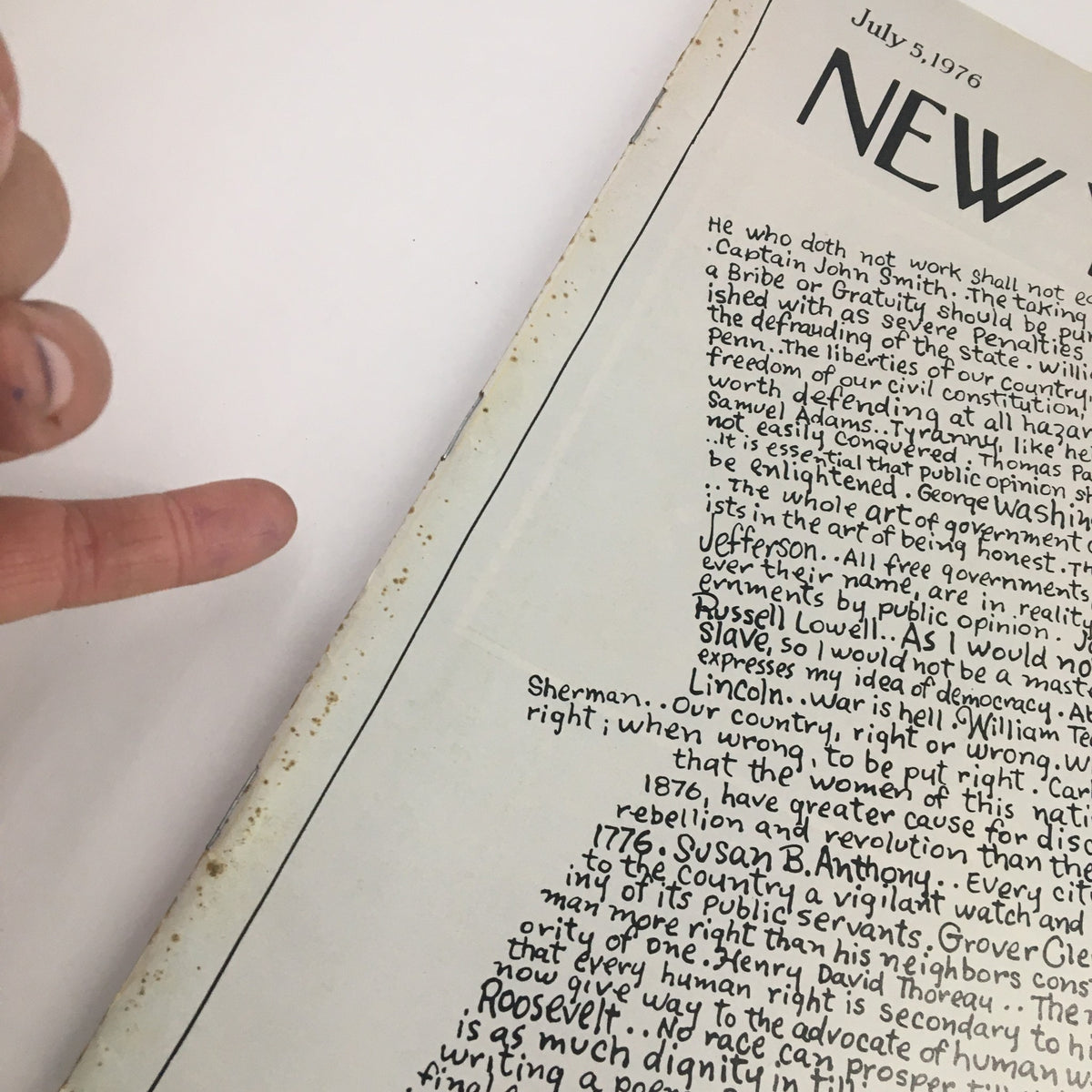 Detailed view of The New Yorker Magazine cover from July 5, 1976 highlighting the letter by Susan B. Anthony, emphasizing the magazine's worn edges and collectibility.