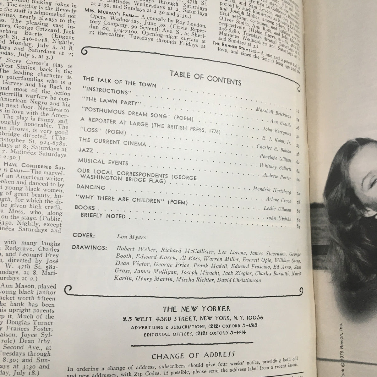 Table of Contents from The New Yorker Magazine dated July 5, 1976 featuring articles including 'The Talk of the Town', poems, and content contributions. This issue includes a letter by Susan B. Anthony, interpreted by Lou Myers, making it a significant collectible.