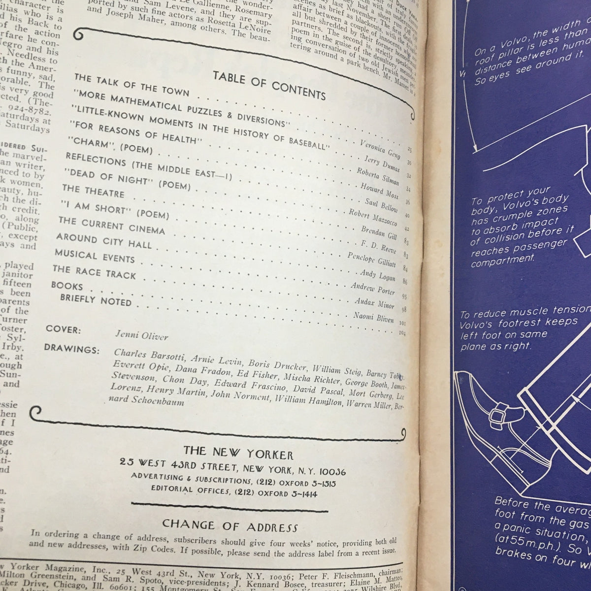Interior page showing the table of contents from The New Yorker Magazine July 12, 1976, listing articles and features with cover art by Jenni Oliver.