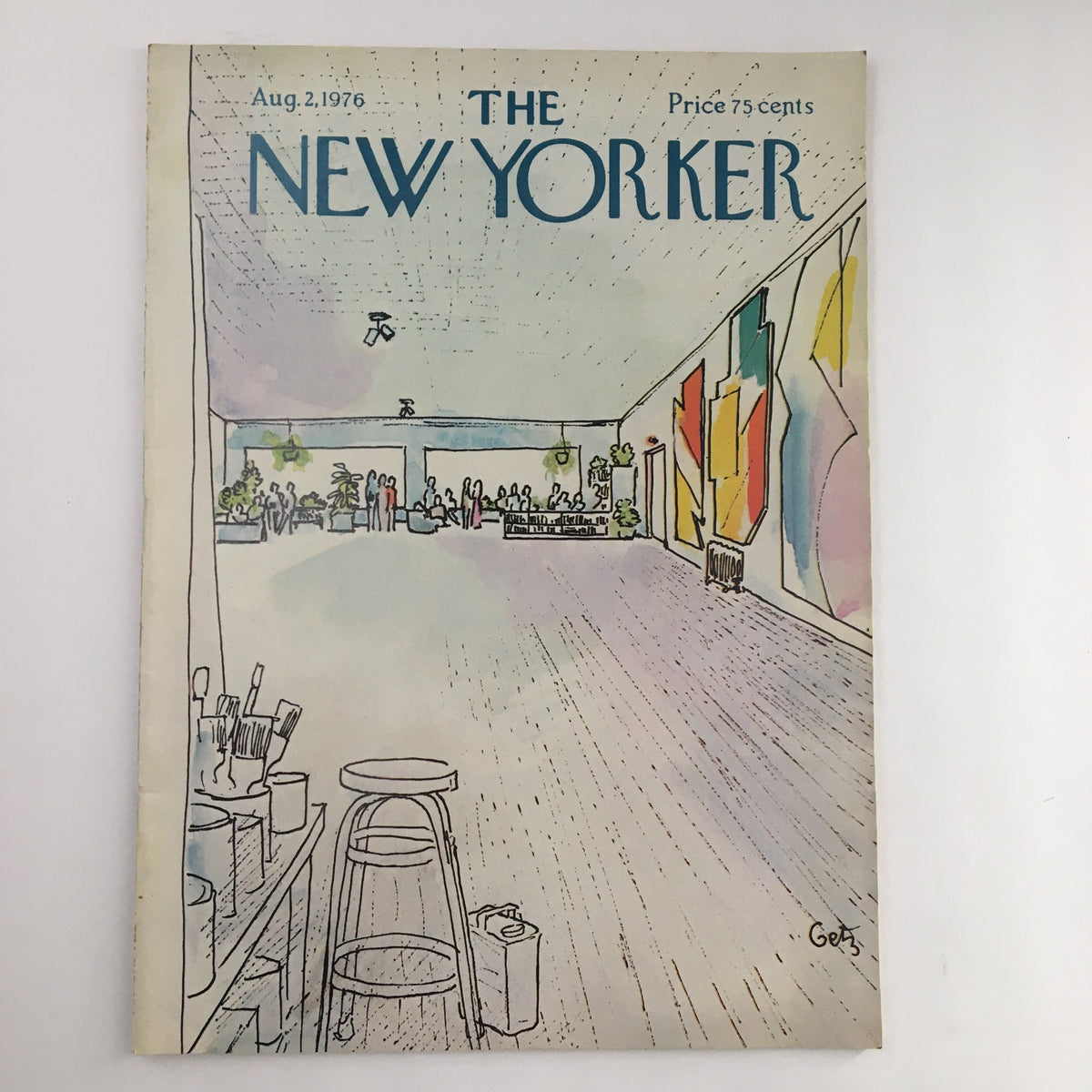 Cover of The New Yorker Magazine August 2 1976 featuring a vibrant illustration by Arthur Getz, depicting an art gallery scene.