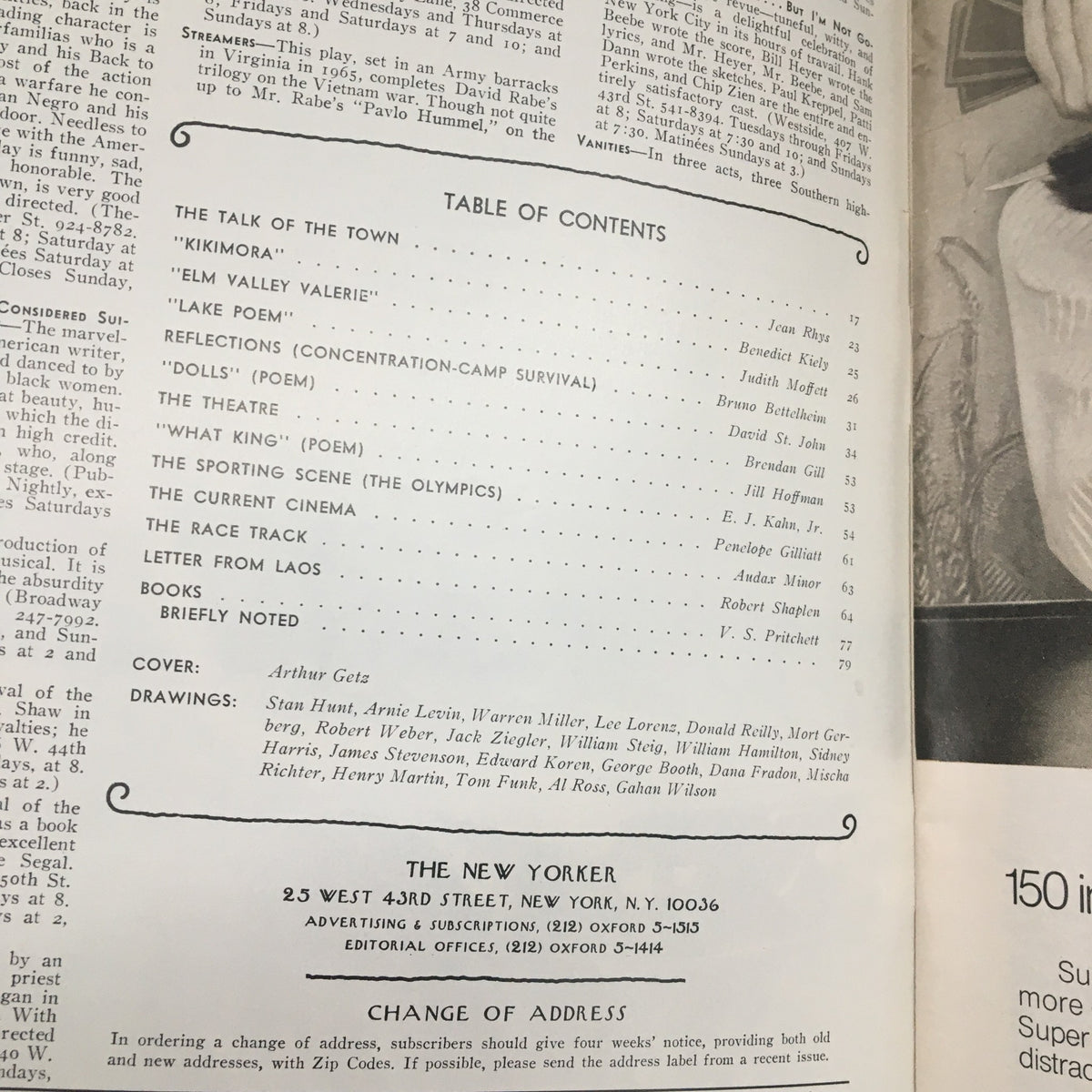 Table of contents from The New Yorker Magazine August 2 1976, listing articles and features, with cover by Arthur Getz mentioned.
