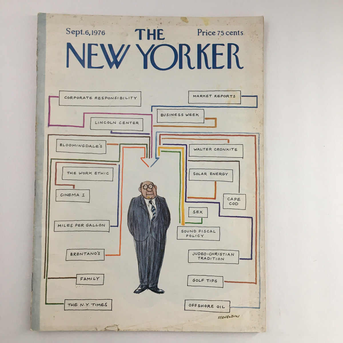 Cover of The New Yorker Magazine September 6, 1976 featuring a cartoon illustration by James Stevenson, showing a man in a suit surrounded by various topics in vibrant colors.
