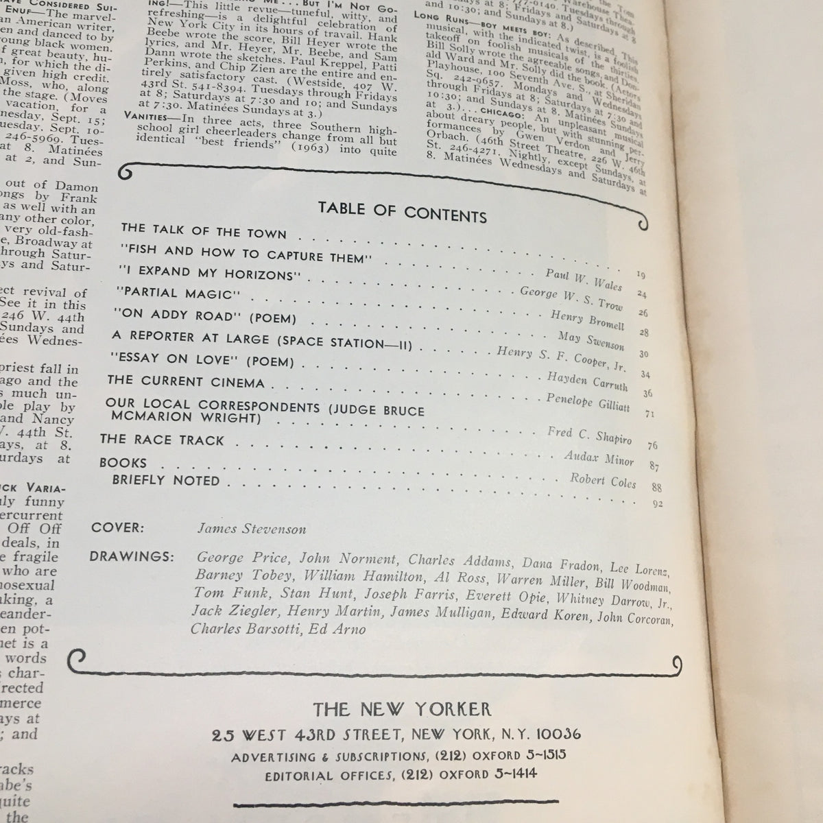 Table of contents page from The New Yorker Magazine September 6, 1976, listing features and editorial information, with a mention of cover artist James Stevenson.