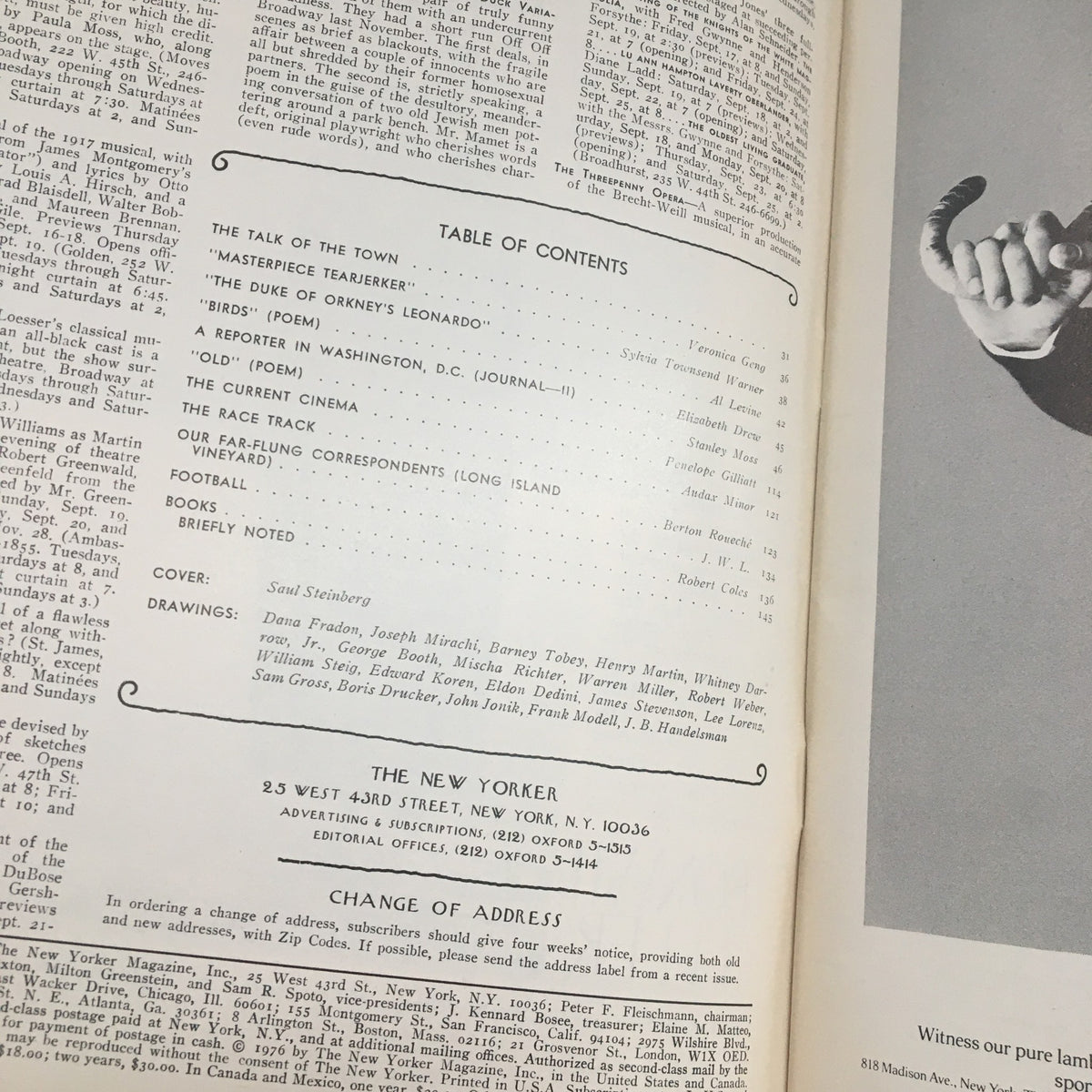 Table of contents page from The New Yorker Magazine September 20 1976, highlighting sections including 'Masterpiece Tearjerker' and cover art by Saul Steinberg.