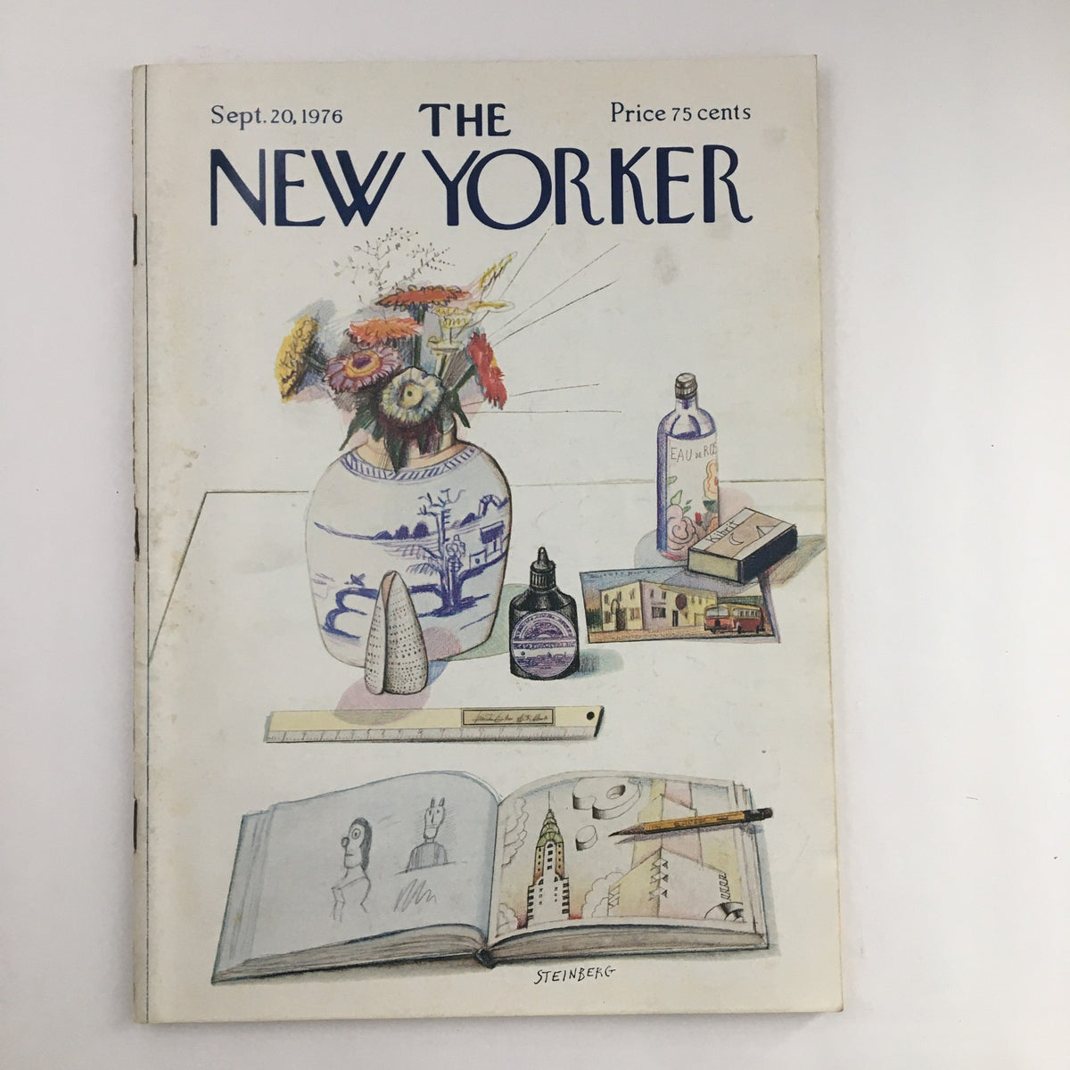 Cover of The New Yorker Magazine September 20, 1976 featuring a masterpiece by Saul Steinberg, showcasing a vase with flowers and artistic items.