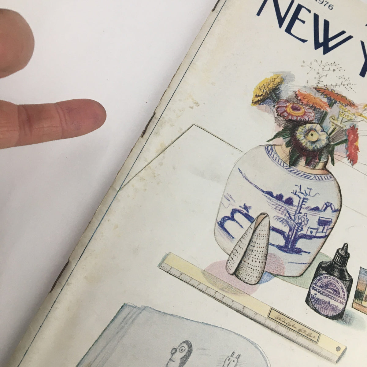 Close-up of the cover of The New Yorker Magazine September 20, 1976, highlighting the intricate details of Saul Steinberg's artwork with flowers and various objects.