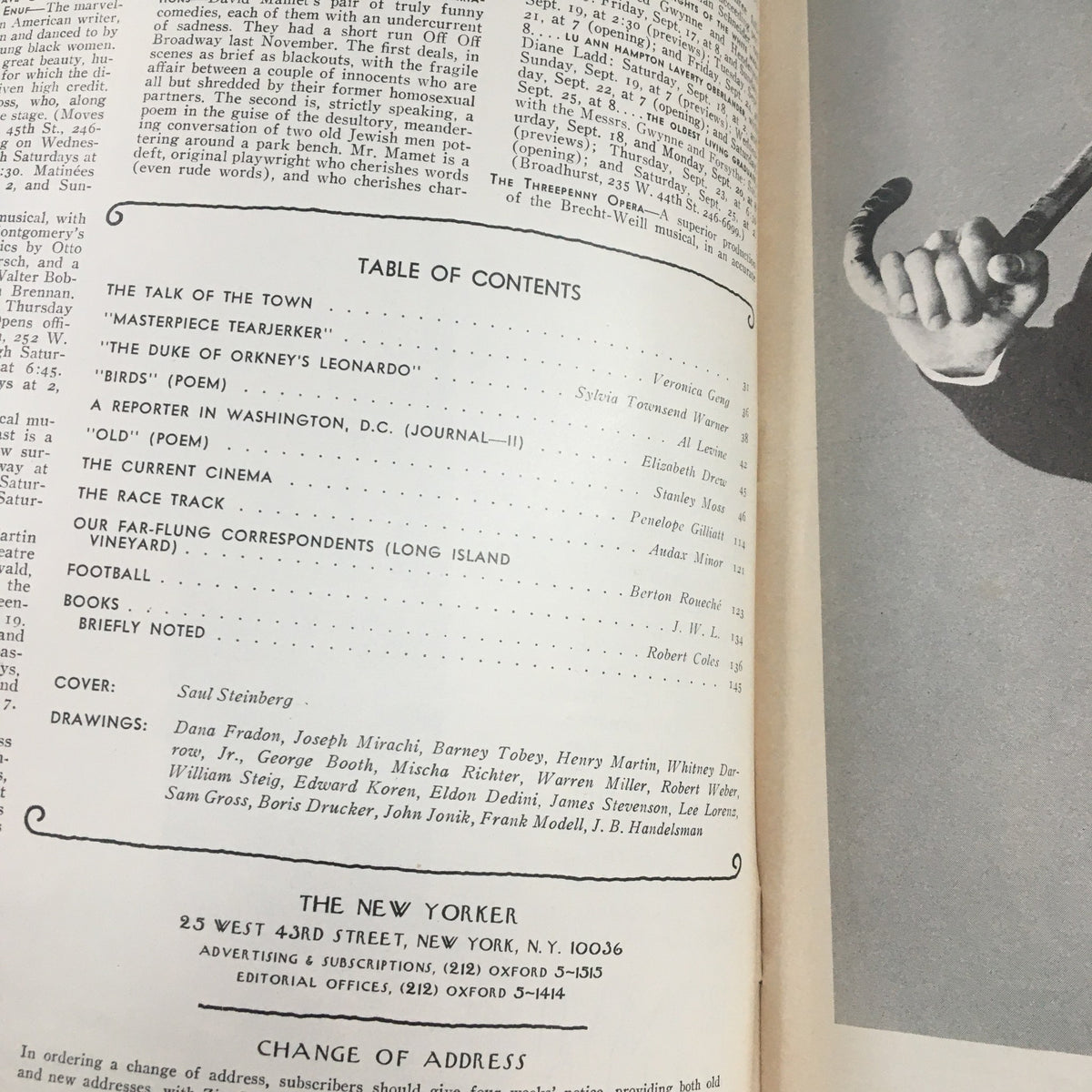 Table of contents from The New Yorker Magazine September 20, 1976, detailing featured articles and contributions, including works by Saul Steinberg.