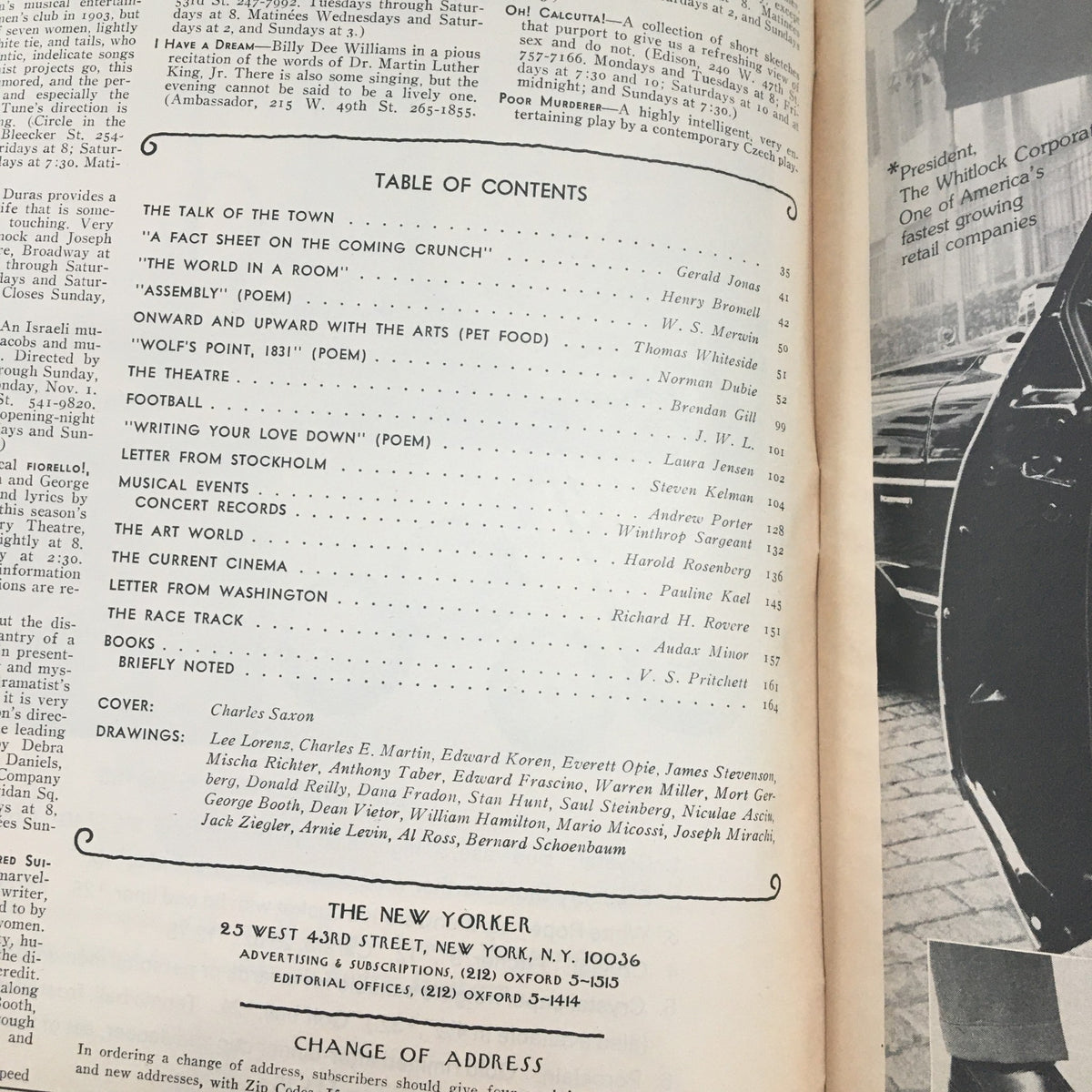 Table of contents page from The New Yorker Magazine November 1 1976, listing articles and features, with a cover by Charles Saxon.