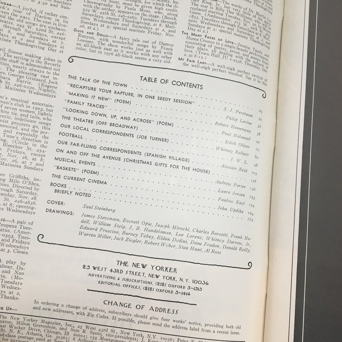 Table of contents from The New Yorker Magazine dated November 29, 1976, featuring the Halloween Feast illustration by Saul Steinberg.