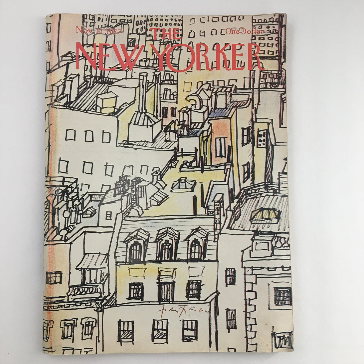 The New Yorker Magazine November 21 1977 cover featuring a rooftop view by Andre Francois, illustrating the urban landscape of New York City.
