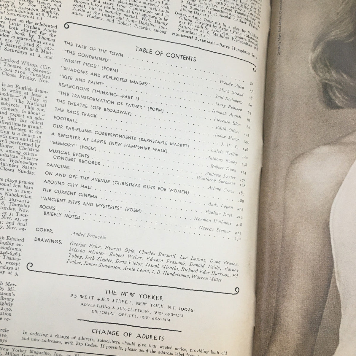 Inside page of The New Yorker Magazine November 21 1977 displaying the table of contents, highlighting various articles and illustrations.