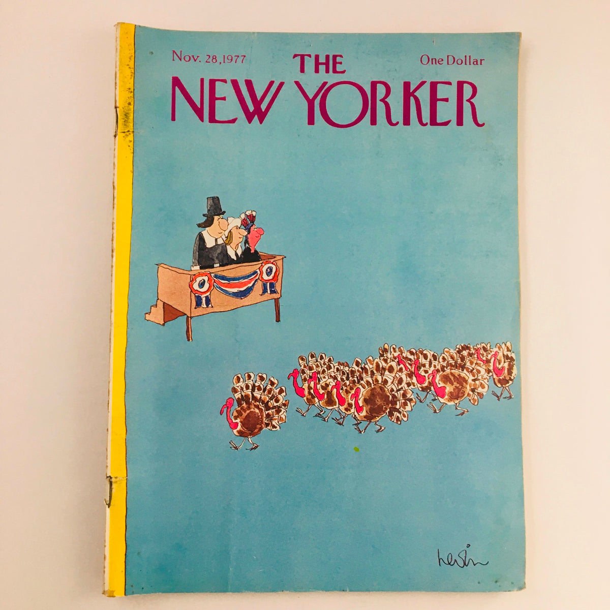 The New Yorker Magazine November 28 1977 cover featuring a whimsical Turkey Parade illustration by Arnie Levin, showcasing a festive scene with turkeys and a judge at a parade.