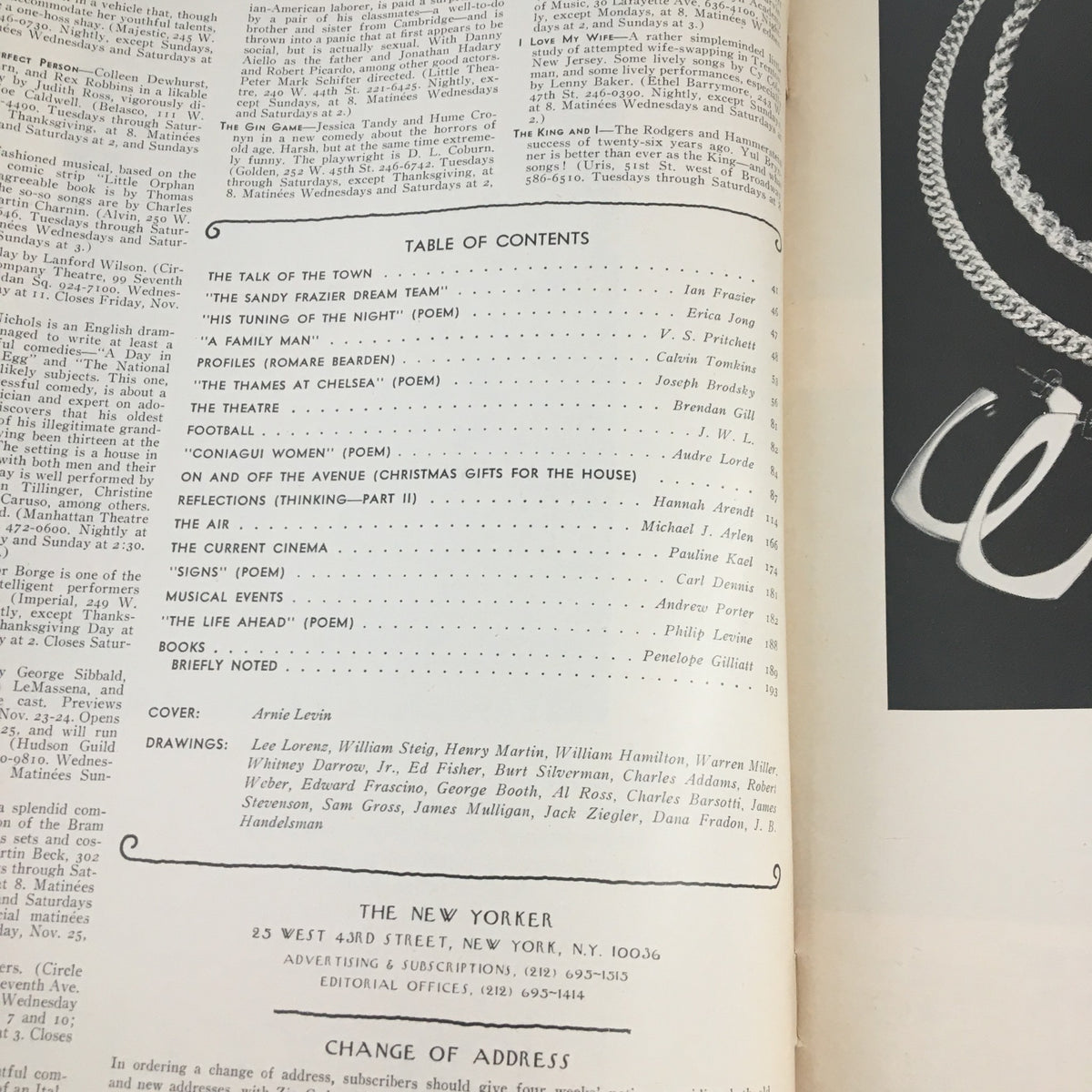 The New Yorker Magazine November 28 1977 table of contents page, listing articles and features with the cover art by Arnie Levin highlighted, illustrating the magazine's publication details.