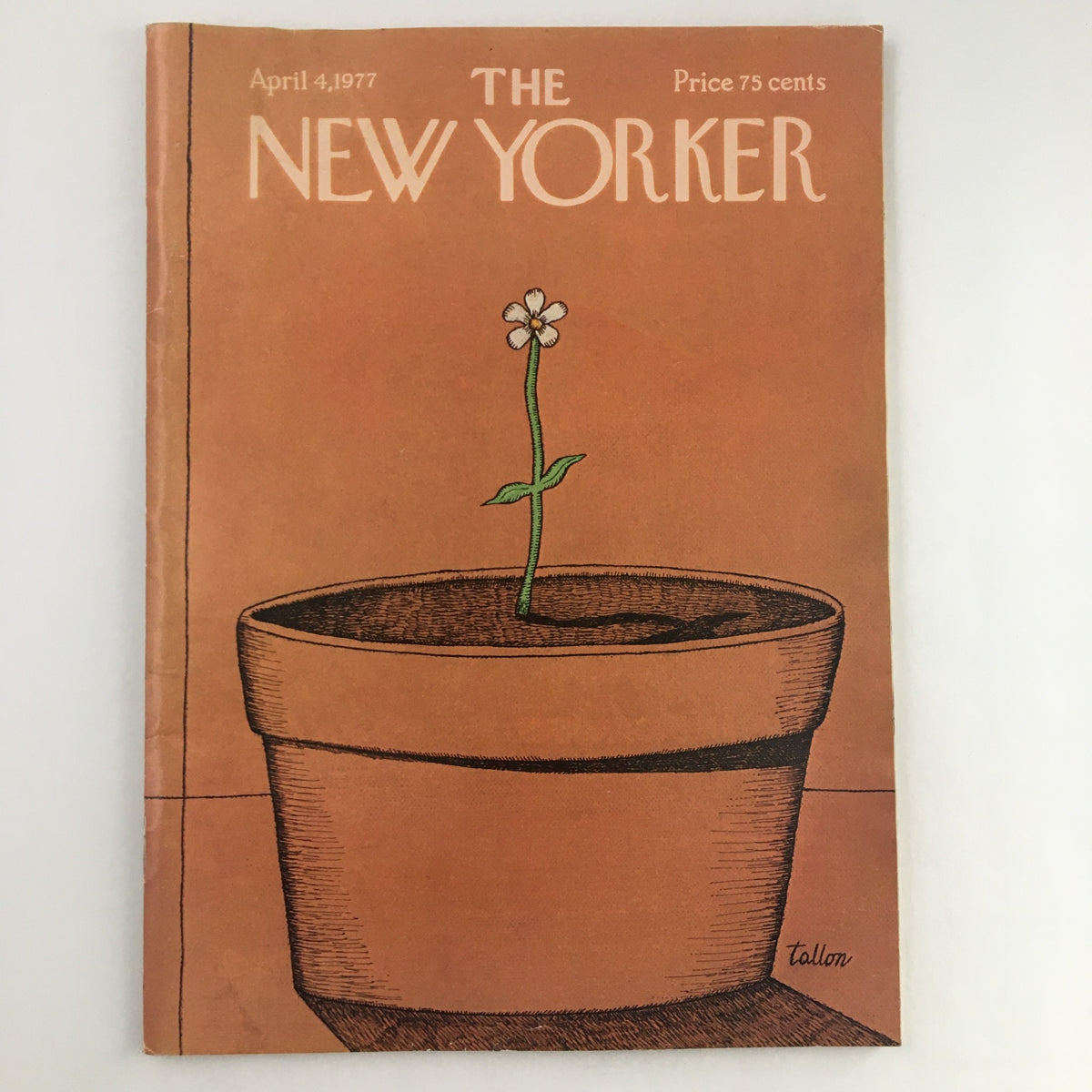 Cover of The New Yorker Magazine, April 4, 1977, featuring the Flower Pot artwork by Robert Tallon. The cover design showcases a detailed illustration of a flower pot with a sprouting flower against a warm orange background.