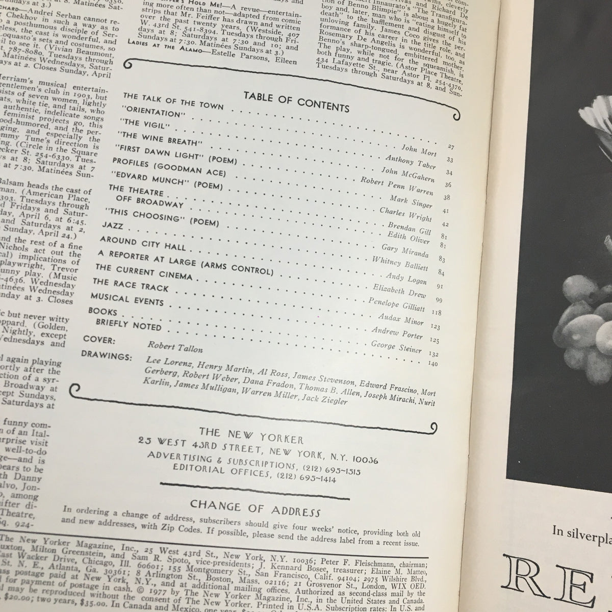 Table of contents page from The New Yorker Magazine, April 4, 1977. It includes the cover credit to artist Robert Tallon and lists various articles and poems featured in this issue.
