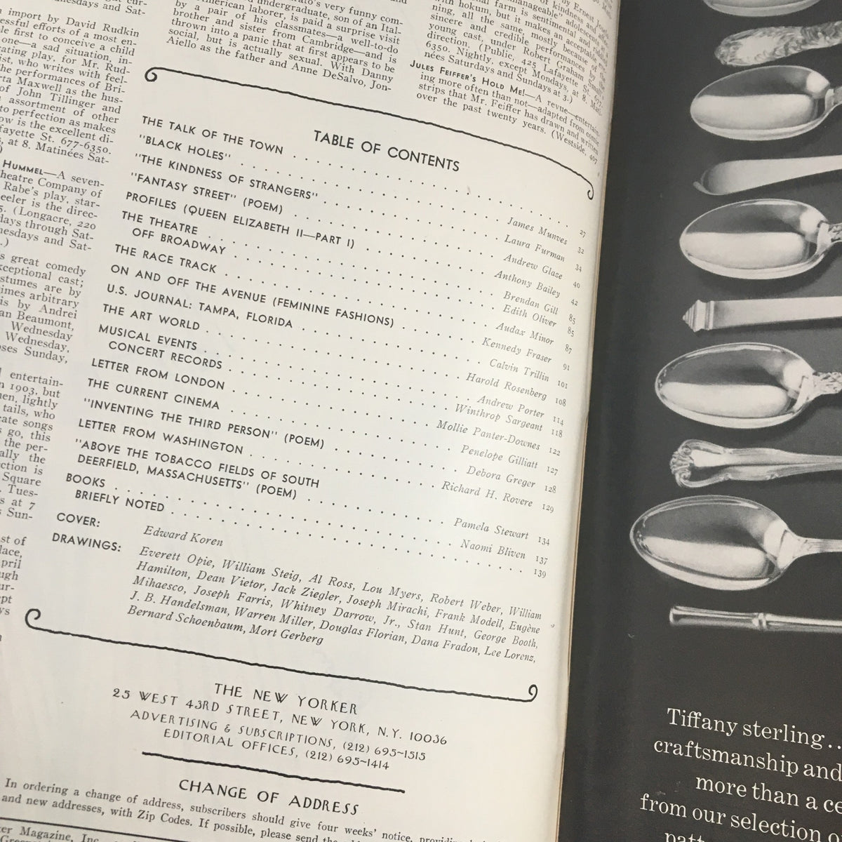 Inside page of The New Yorker Magazine April 11 1977 displaying the table of contents, highlighting various articles and the cover illustration by Edward Koren.