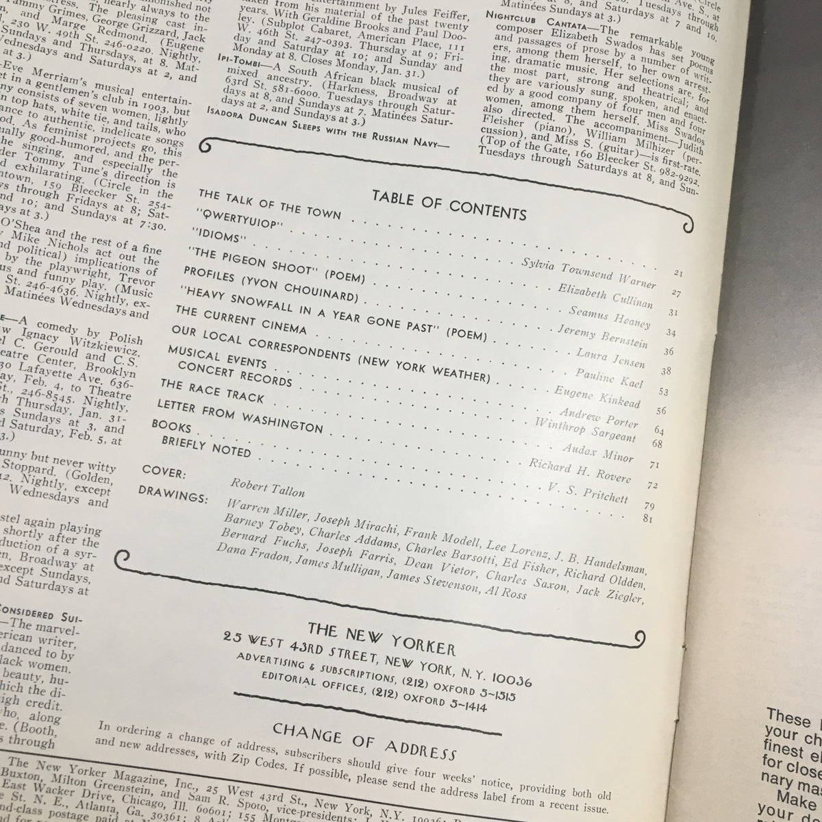 Table of contents page from The New Yorker Magazine January 31 1977, listing articles and illustrations including content by Robert Tallon.