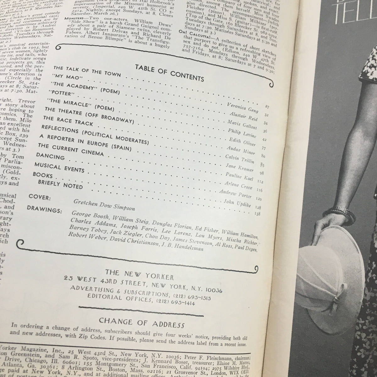 Interior page of The New Yorker Magazine March 21, 1977, featuring the table of contents with various articles and a photo section, highlighting contributions by notable authors and illustrators.