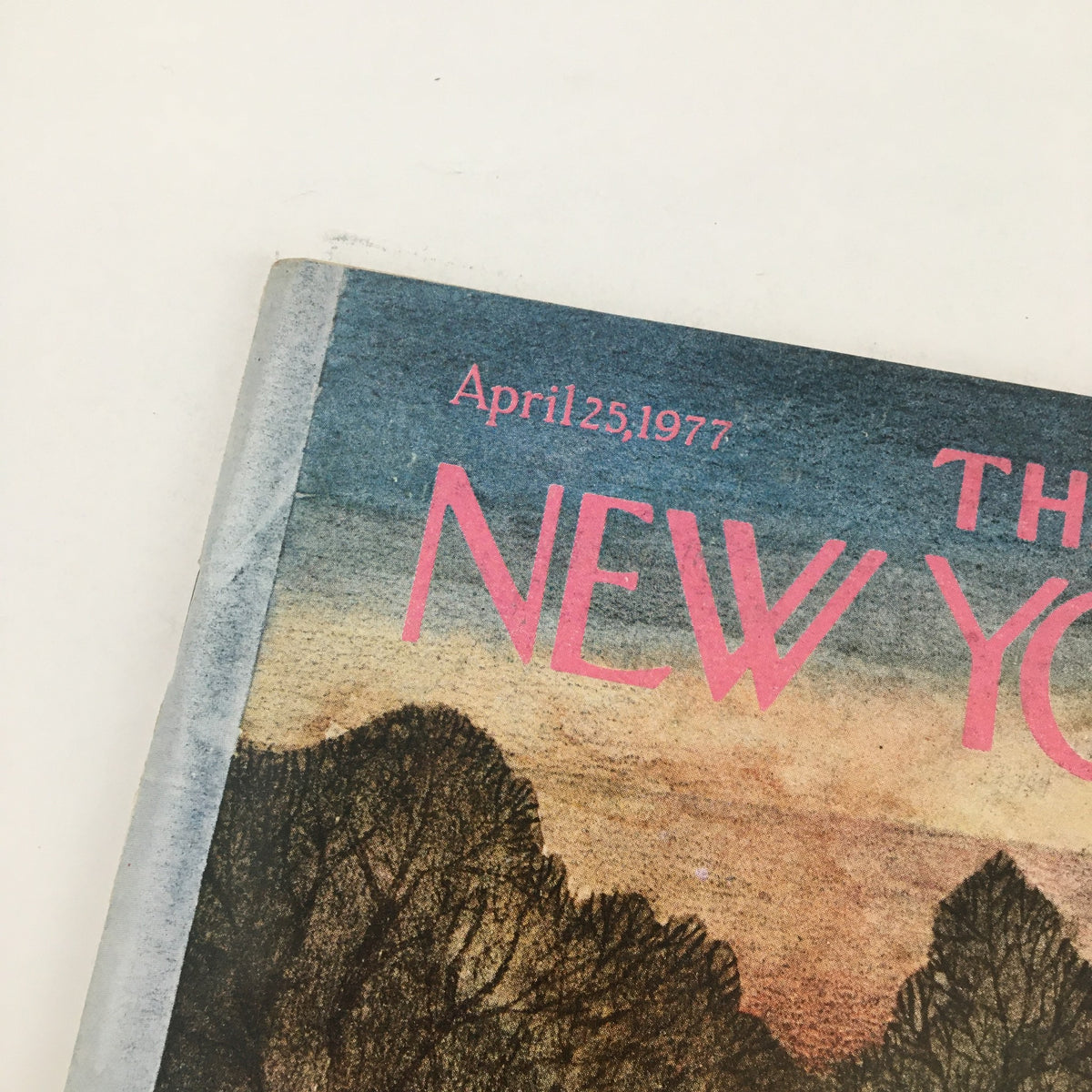 Close-up of the cover of The New Yorker Magazine April 25 1977, displaying the title and date along with the Riverbanks artwork by Charles E. Martin.