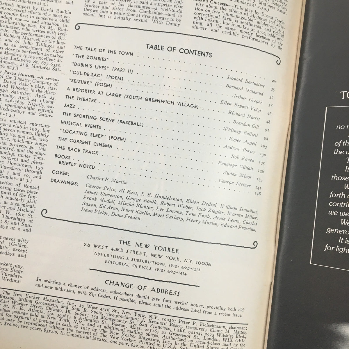 Table of Contents from The New Yorker Magazine April 25 1977, listing articles and features including contributions to literature and cultural commentary.