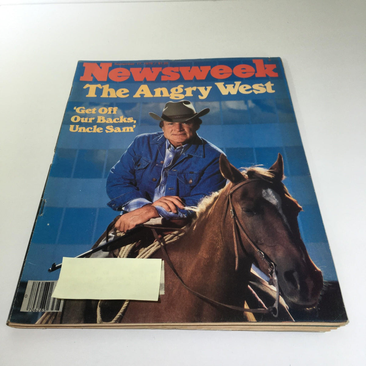 Cover of Newsweek Magazine: September 17, 1979 featuring the title 'The Angry West: Get Off Our Backs, Uncle Sam.' The image shows a cowboy holding a rope while seated on a horse, symbolizing the themes of cultural tension and governmental relations explored in this vintage issue.