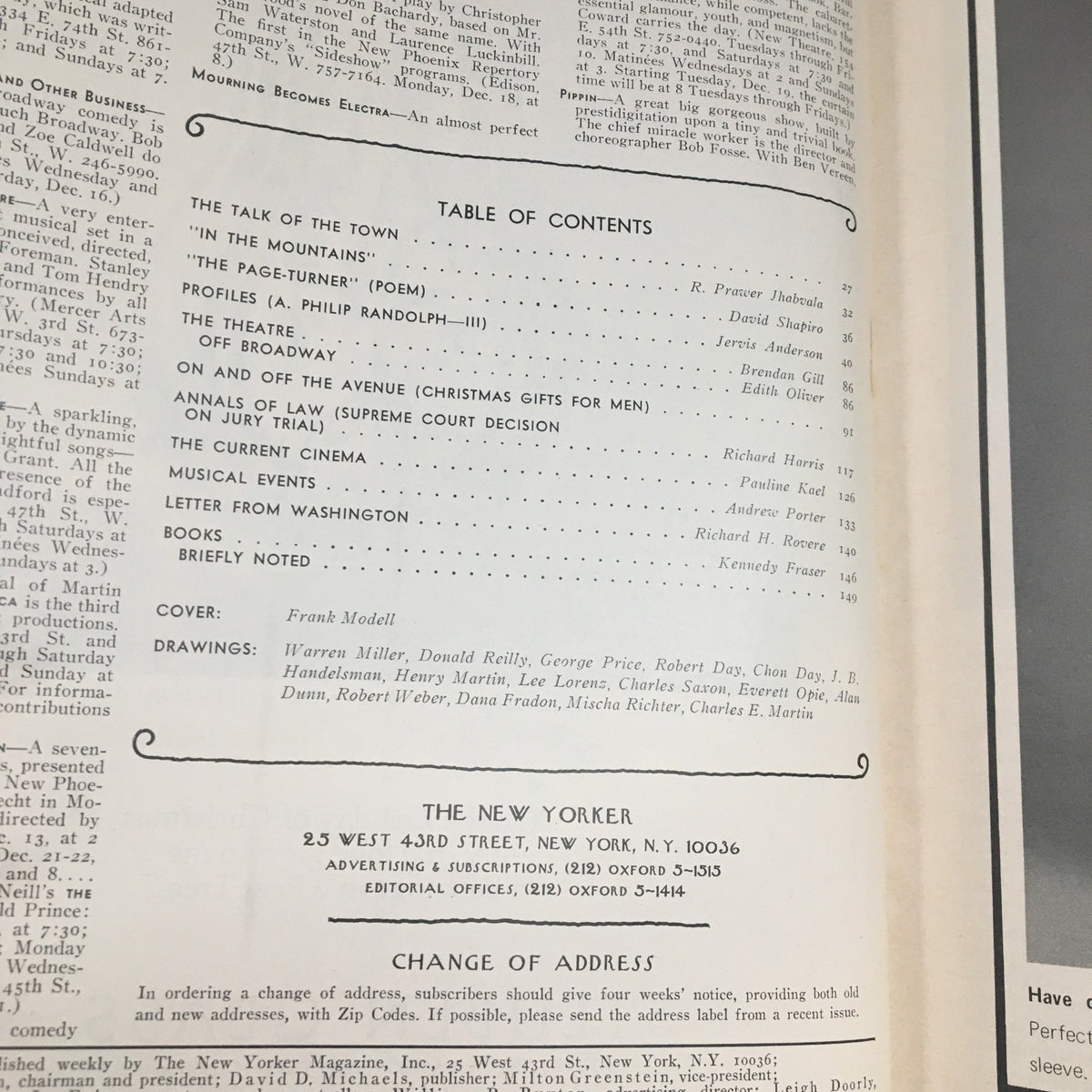 The New Yorker Magazine December 16 1972 inside page with the Table of Contents, highlighting articles and features from that edition, featuring the cover artist Frank Modell.