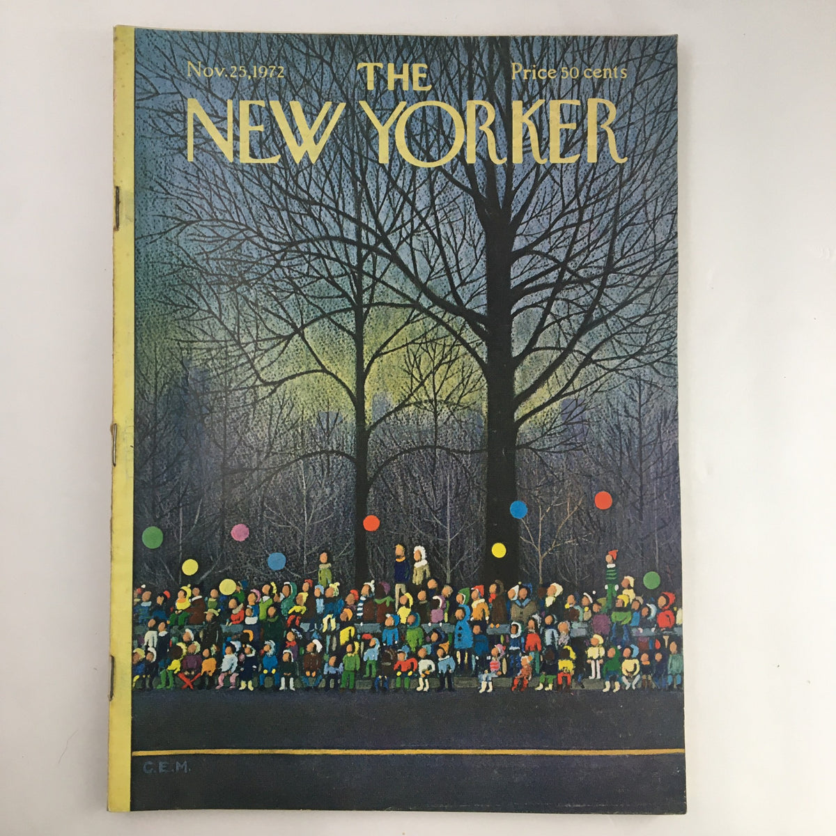 Cover of The New Yorker Magazine, November 25, 1972, featuring an illustration titled 'Crowd' by Charles E. Martin, depicting a vibrant scene of people amidst colorful balloons and trees.