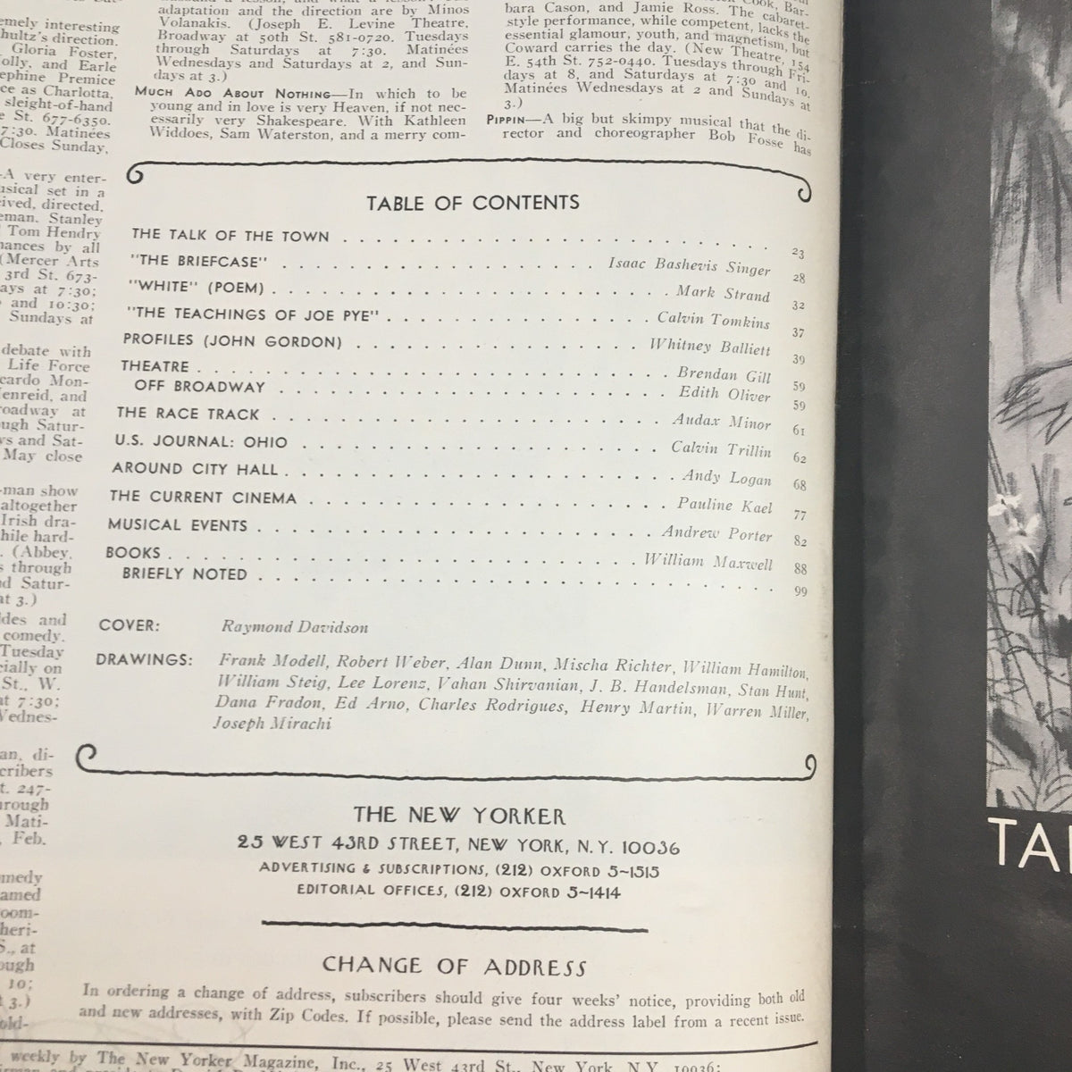 Table of contents page from The New Yorker Magazine February 3, 1973, listing various articles and features, with cover illustration credit given to Raymond Davidson.