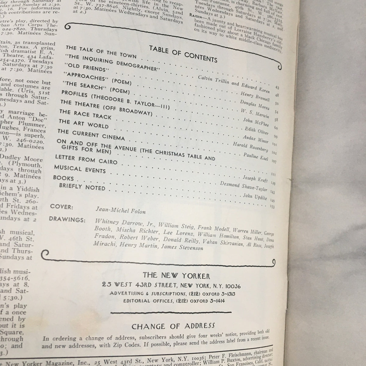 Table of contents page from The New Yorker Magazine December 17, 1973, highlighting the contributions of Jean-Michel Folon and other artists.