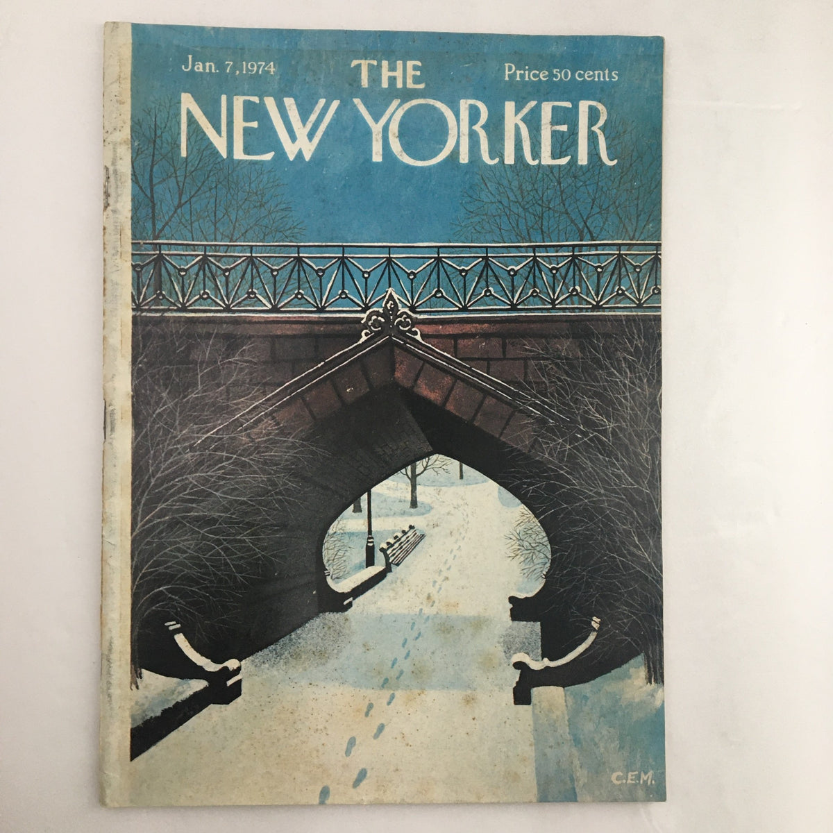 Cover of The New Yorker Magazine January 7 1974 featuring the illustration 'Footprints in the Snow' by Charles E. Martin, depicting a snowy landscape with a bridge and trees.