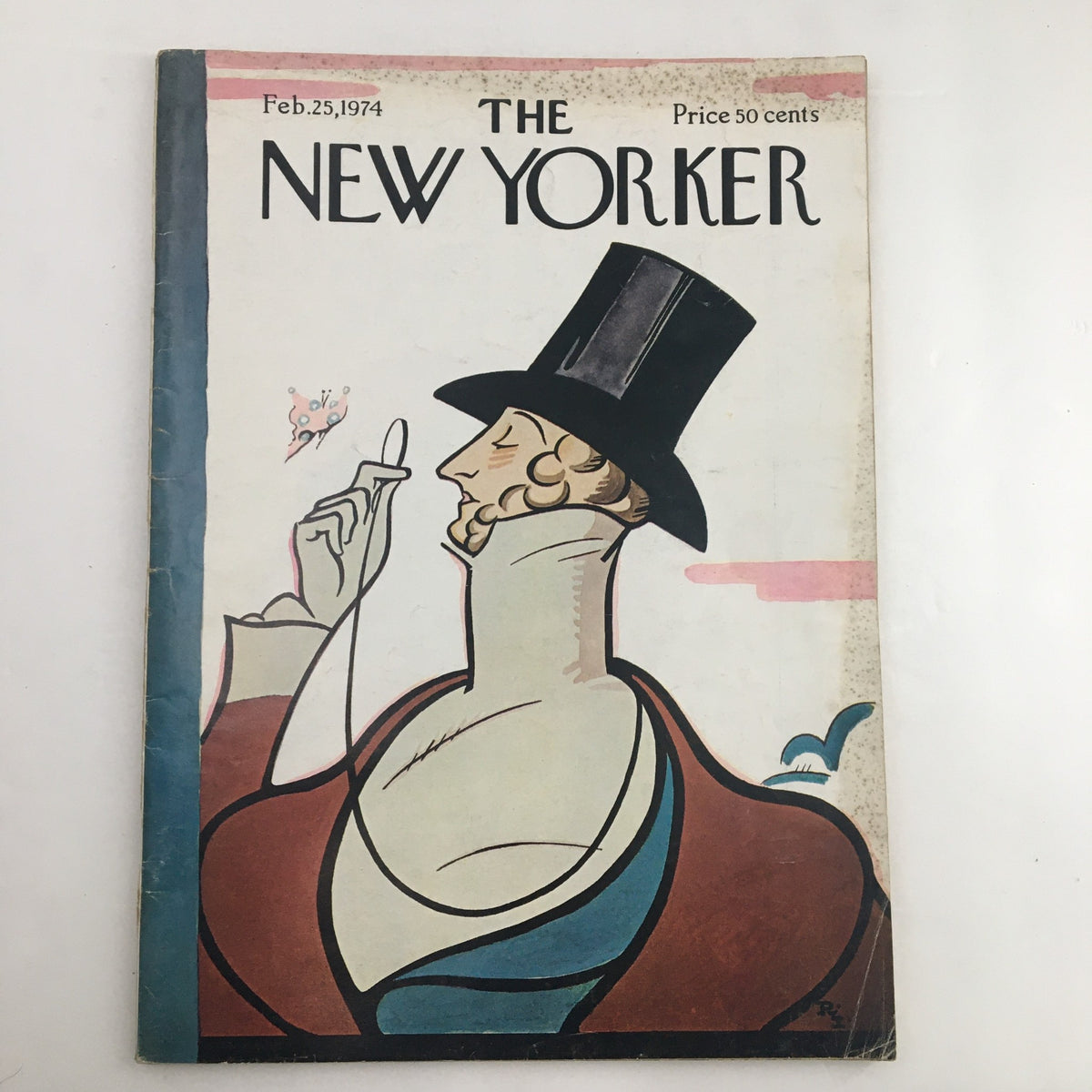 Cover of The New Yorker Magazine February 25, 1974 designed by Rea Irvin, featuring a whimsical illustration of a man in a top hat holding a cigarette, showcasing the artistic style of the 1970s.